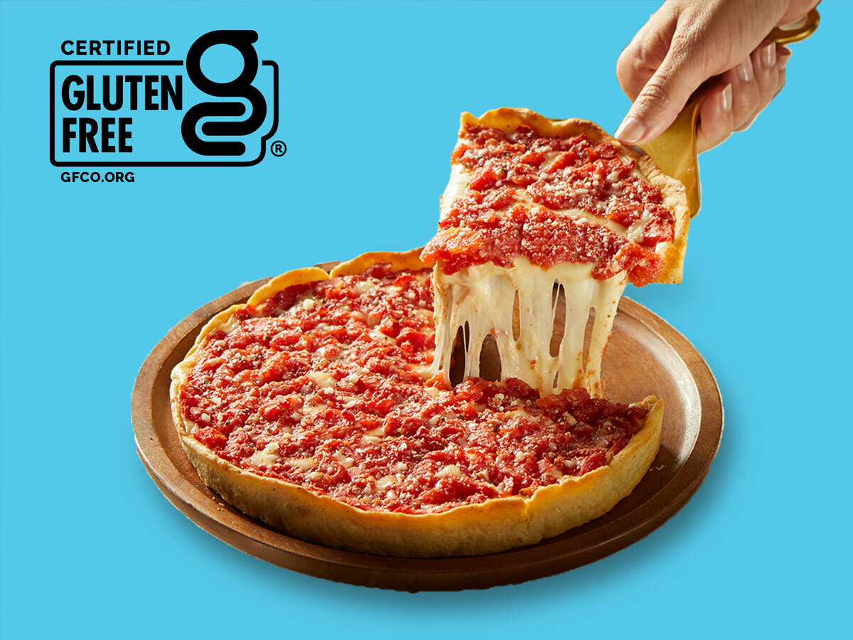 Gluten Free Deep Dish Pizza with cheese pull.