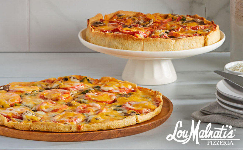 Lou Pizza with Tomatoes, Mushrooms, Spinach, and Cheddar, both deep dish and thin crust.
