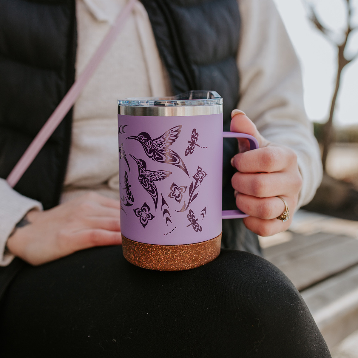 Cork Base Travel Mugs with Handle (16oz) - Hummingbird, Simone
