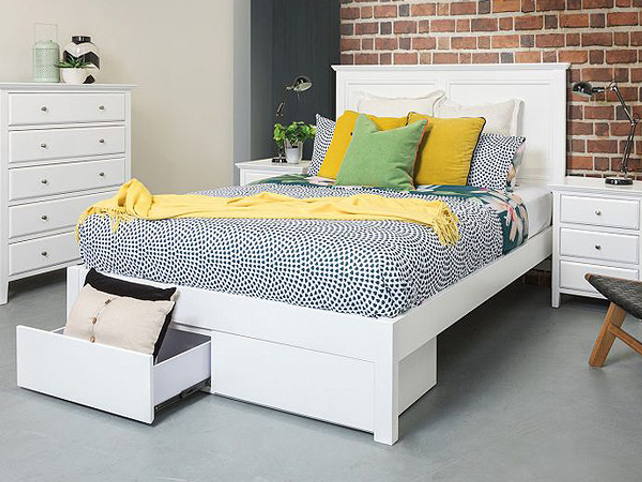 Timber bed with storage shop drawers