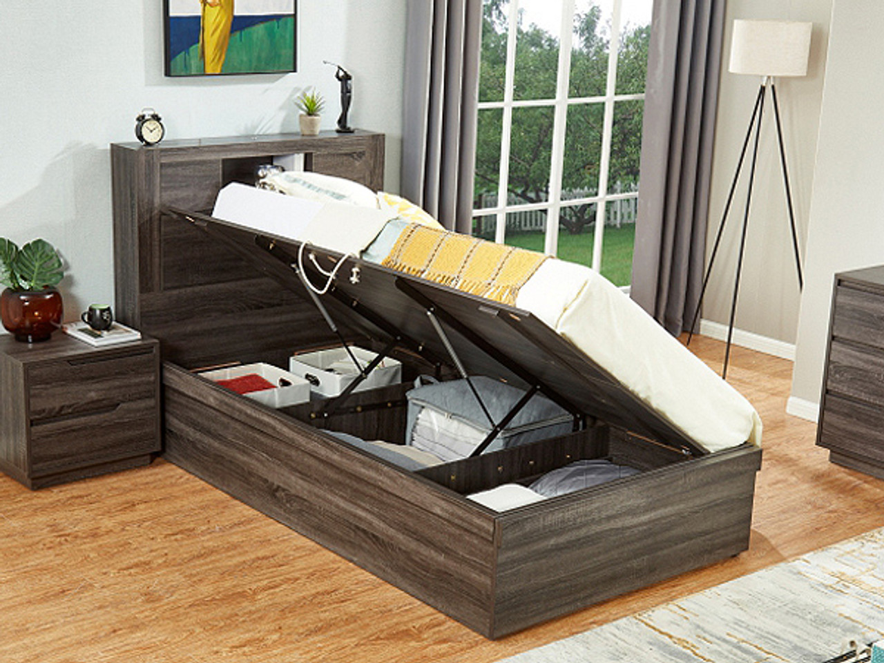 Nevada King Single Bed with Gas Lift Storage in Charcoal
