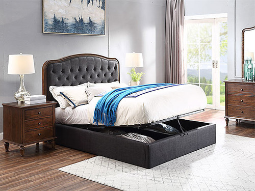 Jasmine Queen Bed with Gas Lift Storage in Charcoal