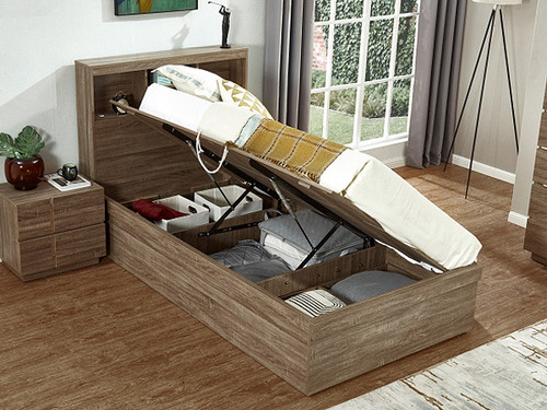 Adrian King Single Bed with Gas Lift Storage in Light Oak - DJC Furniture &  Bedding