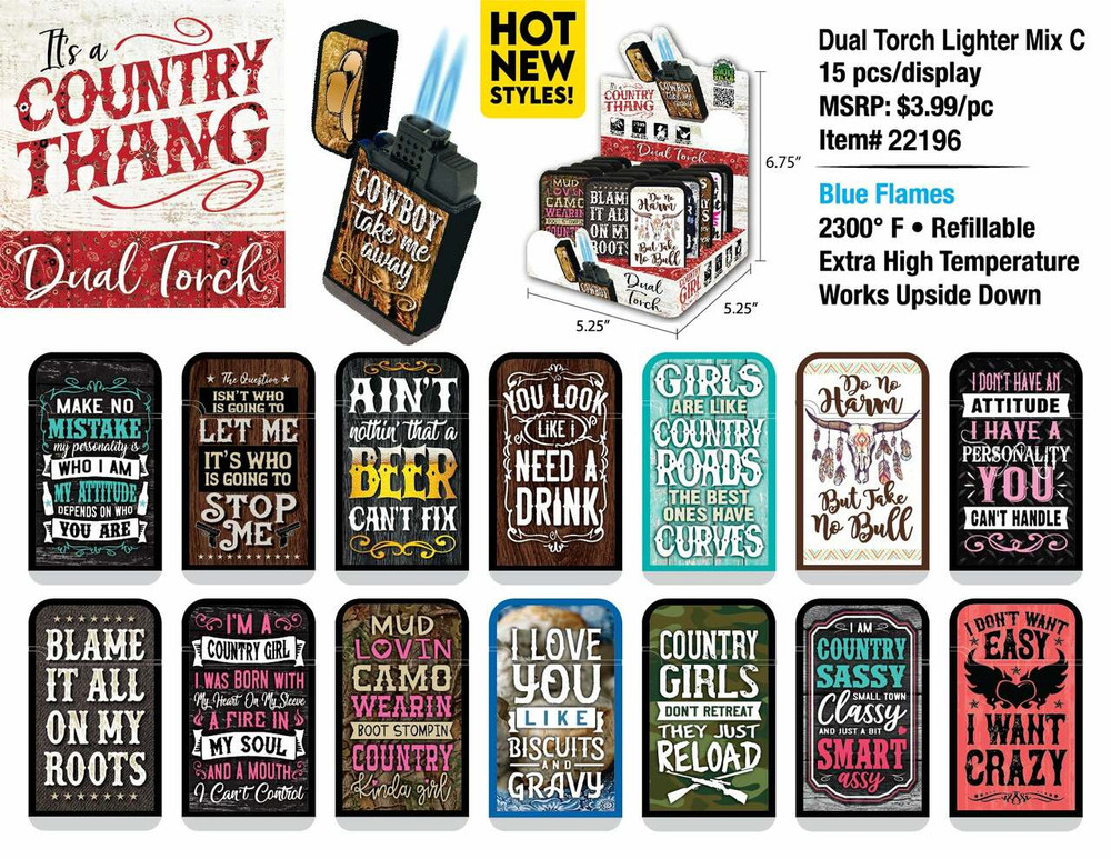 COUNTRY DUAL FLAME TORCH LIGHTER - ASSORTED DESIGN