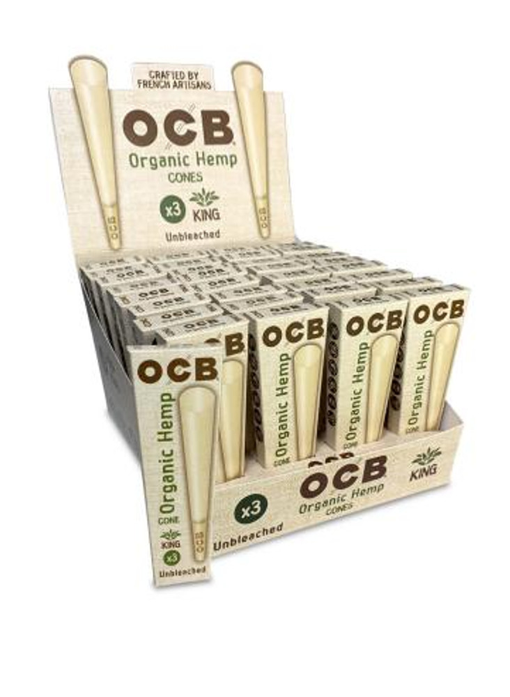 OCB ORGANIC HEMP KING SIZE CONE DISPLAY - 32ct x 3pcs