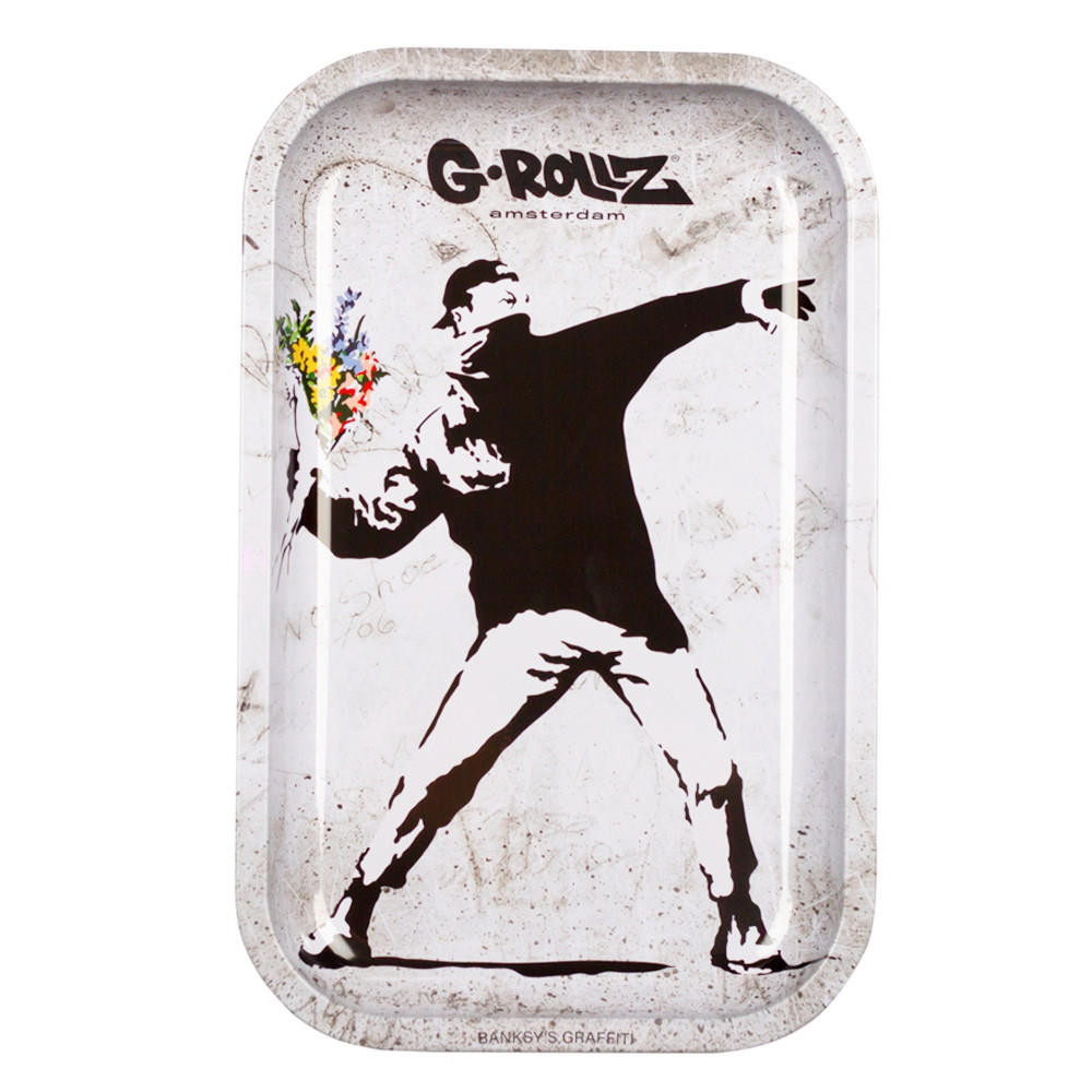  G-ROLLZ - BANKSY'S FLOWER THROWER ALT MEDIUM TIN TRAY 17.5 X 27.5 CM 