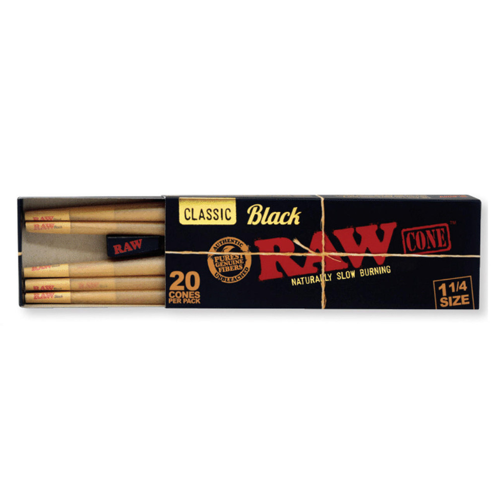  RAW CLASSIC BLACK 1 1/4 SIZE PREROLLED CONES 20-PACK - 12CT DISPLAY 