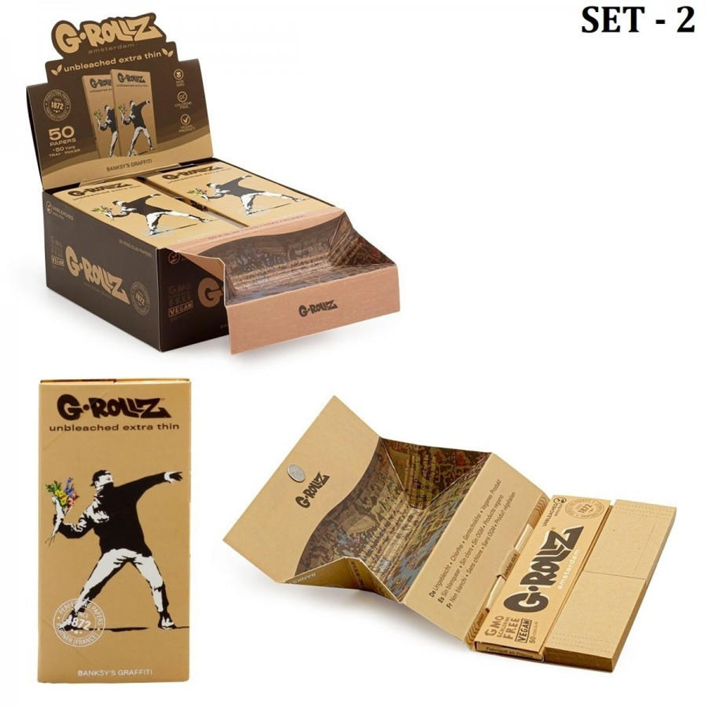  G-ROLLZ - BANKSY'S GRAFFITI KING SIZE UNBLEACHED EXTRA THIN - 50 KING PAPERS + TIPS & TRAY 