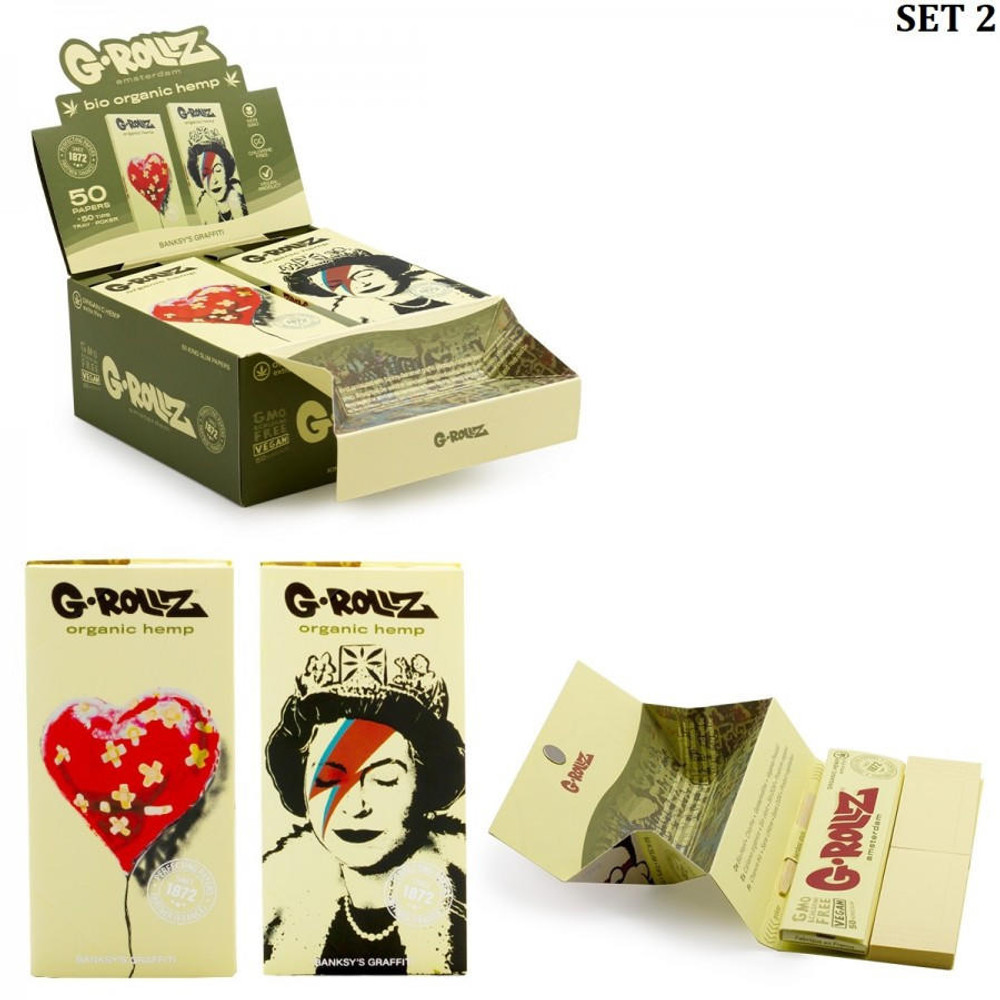  G-ROLLZ | BANKSY'S GRAFFITI KING SIZE - ORGANIC HEMP EXTRA THIN 50 PAPERS + TIPS & TRAY - 16CT DISPLAY 