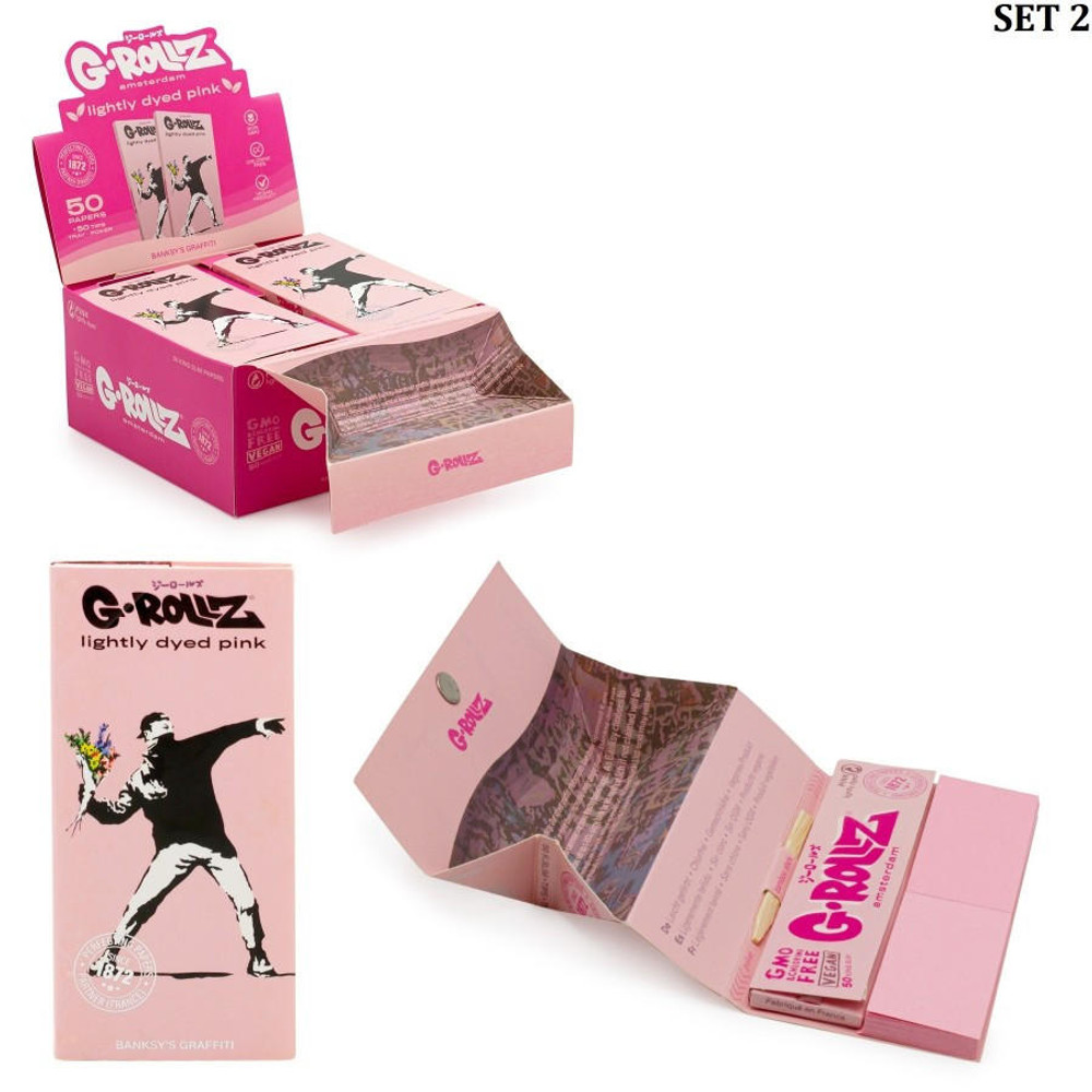  G-ROLLZ | BANKSY'S GRAFFITI KING SIZE - LIGHTLY DYED PINK - 50 KING SIZE PAPERS + TIPS & TRAY - 16CT DISPLAY 