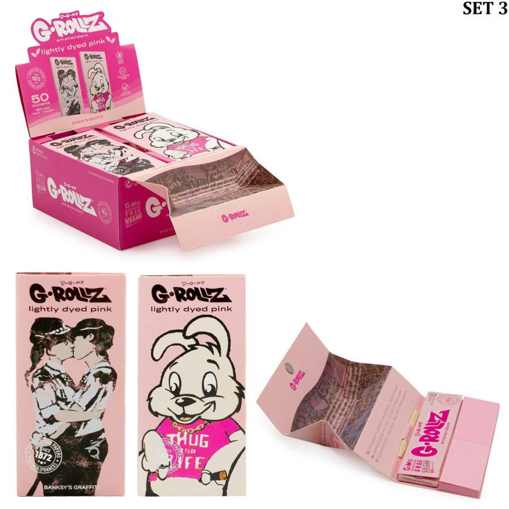  G-ROLLZ | BANKSY'S GRAFFITI KING SIZE - LIGHTLY DYED PINK - 50 KING SIZE PAPERS + TIPS & TRAY - 16CT DISPLAY 