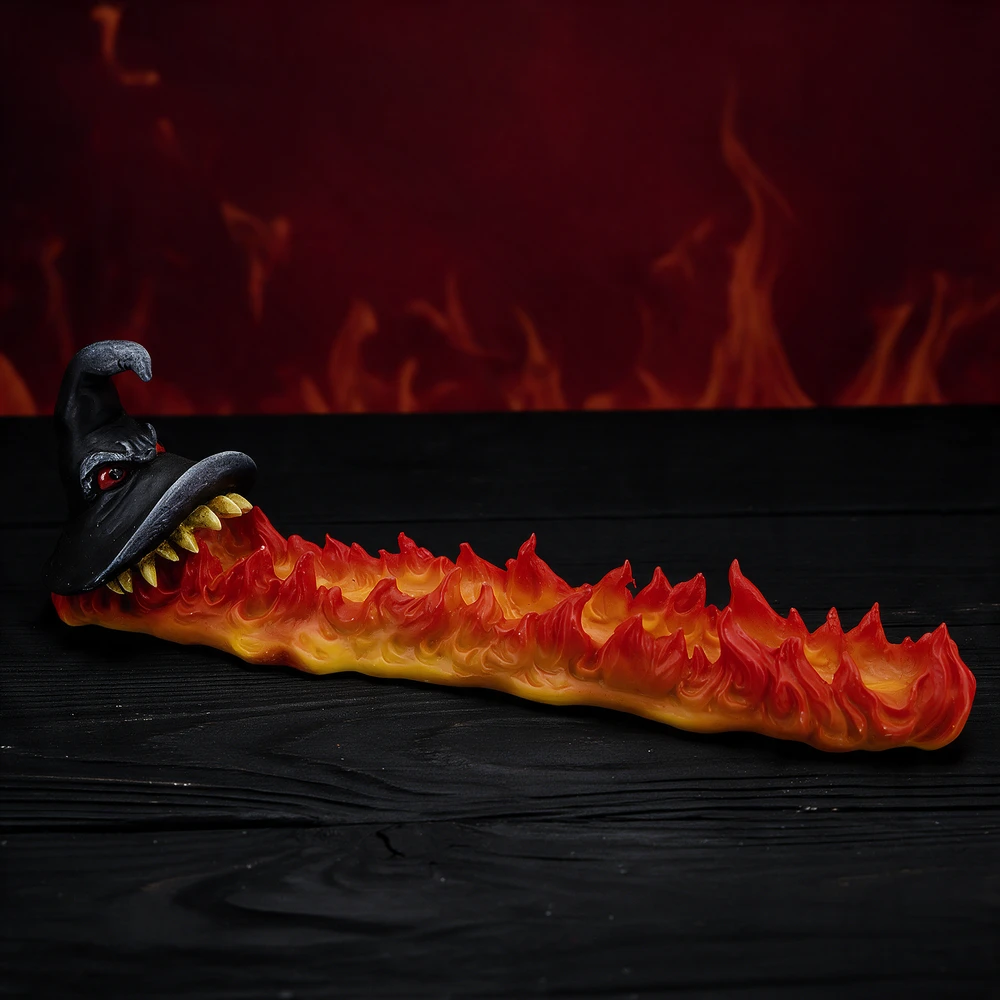 FUJIMA DEMONIC FLAMING WITCH HAT POLYSTONE INCENSE BURNER 11"