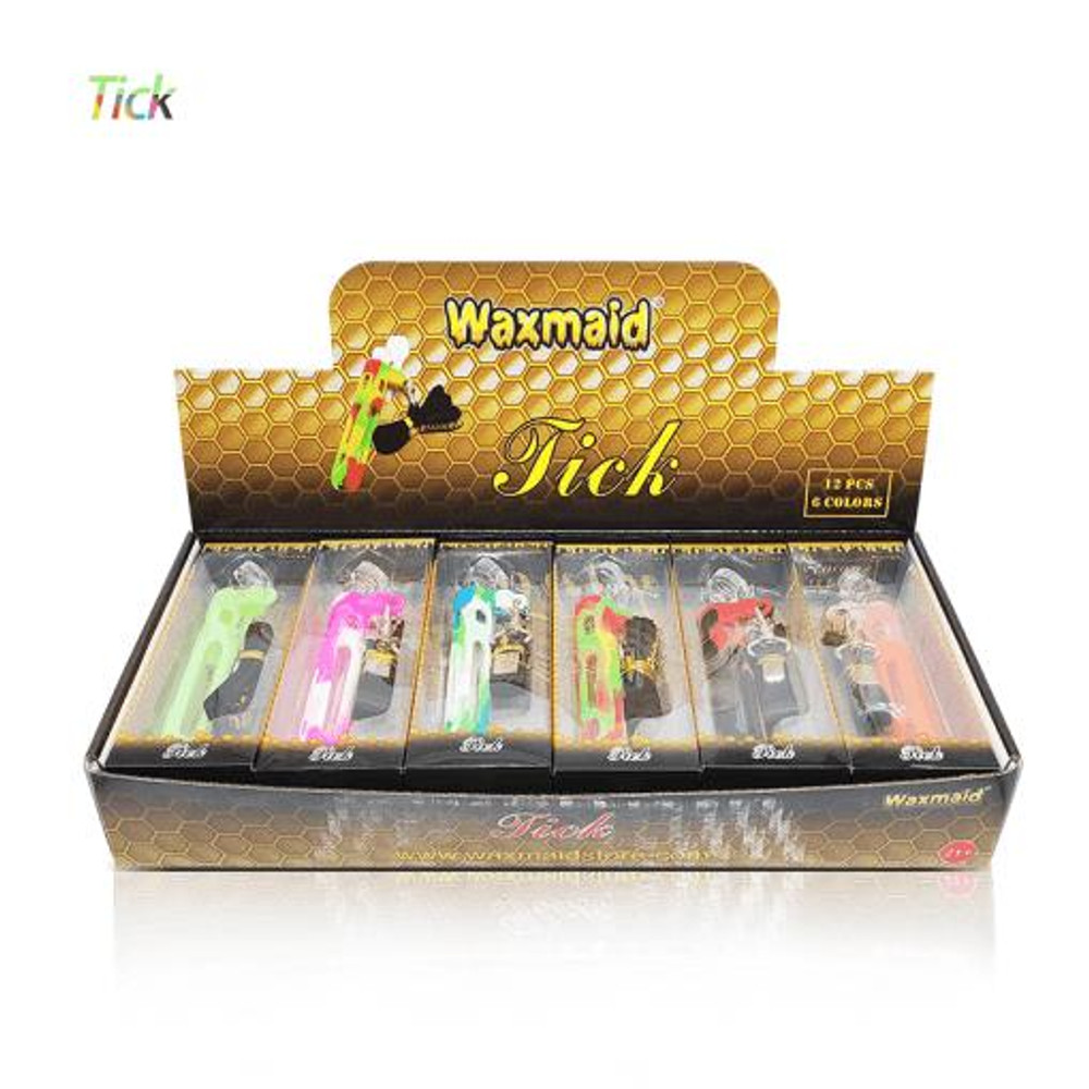  WAXMAID TICK SILICONE & GLASS ONE HITTER PIPE DISPLAY - 12CT 