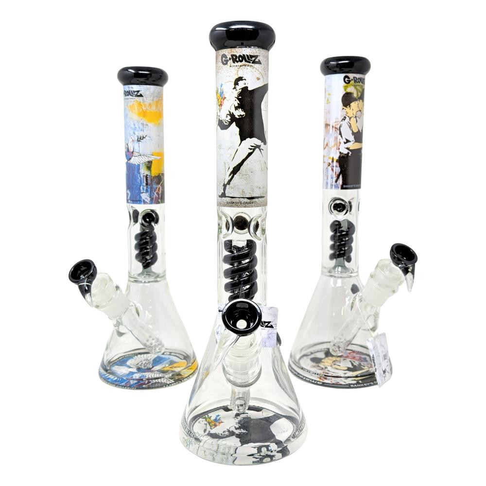 G-ROLLZ BANKSY'S KISSING COPPERS BEAKER PERCOLATOR BONG 16.5
