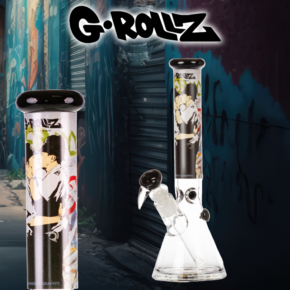 G-ROLLZ BANKSY'S KISSING COPPERS PERCOLATOR BEAKER BONG 13.5"