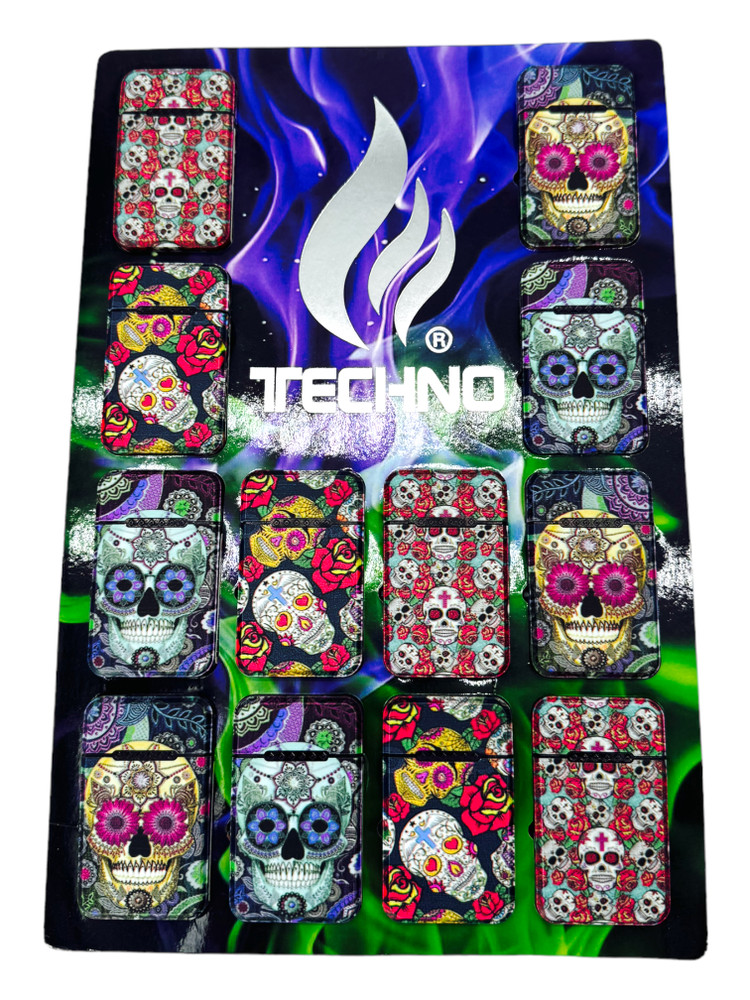 TECHNO FLIP TOP LIGHTER MEXICAN SKULL - 12CT DISPLAY