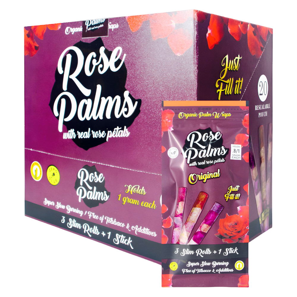 ROSE PALMS ORGANIC WRAPS W/ ROSE PETALS - 3 SLIM ROLLS + 1 STICK - 20CT DISPLAY