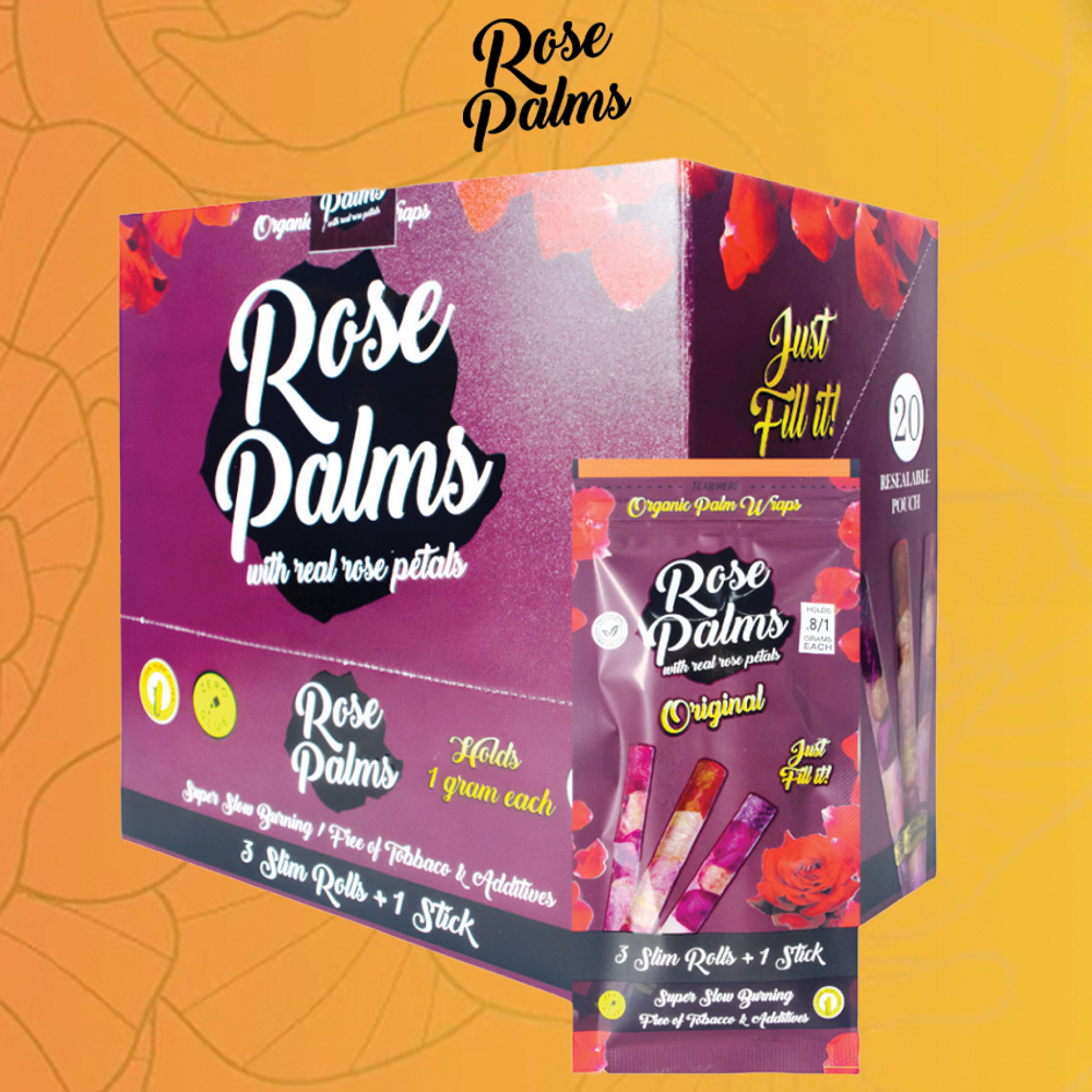 ROSE PALMS ORGANIC WRAPS W/ ROSE PETALS - 3 SLIM ROLLS + 1 STICK - 20CT DISPLAY