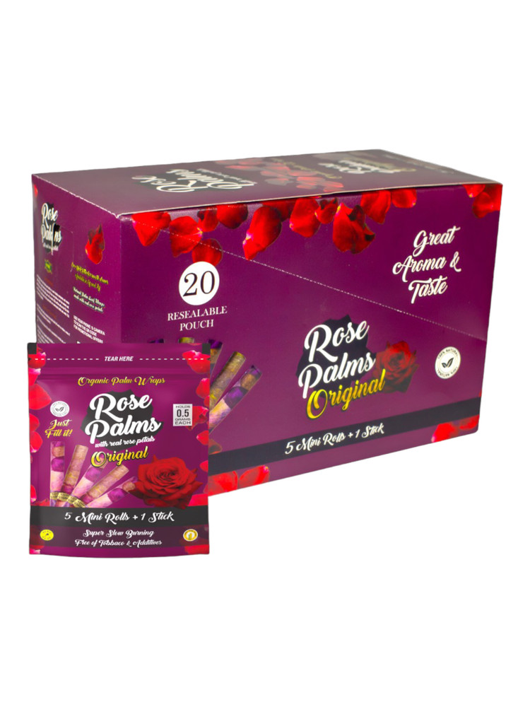 ROSE PALMS ORGANIC WRAPS W/ ROSE PETALS - 5 MINI ROLLS + 1 STICK - 20CT DISPLAY