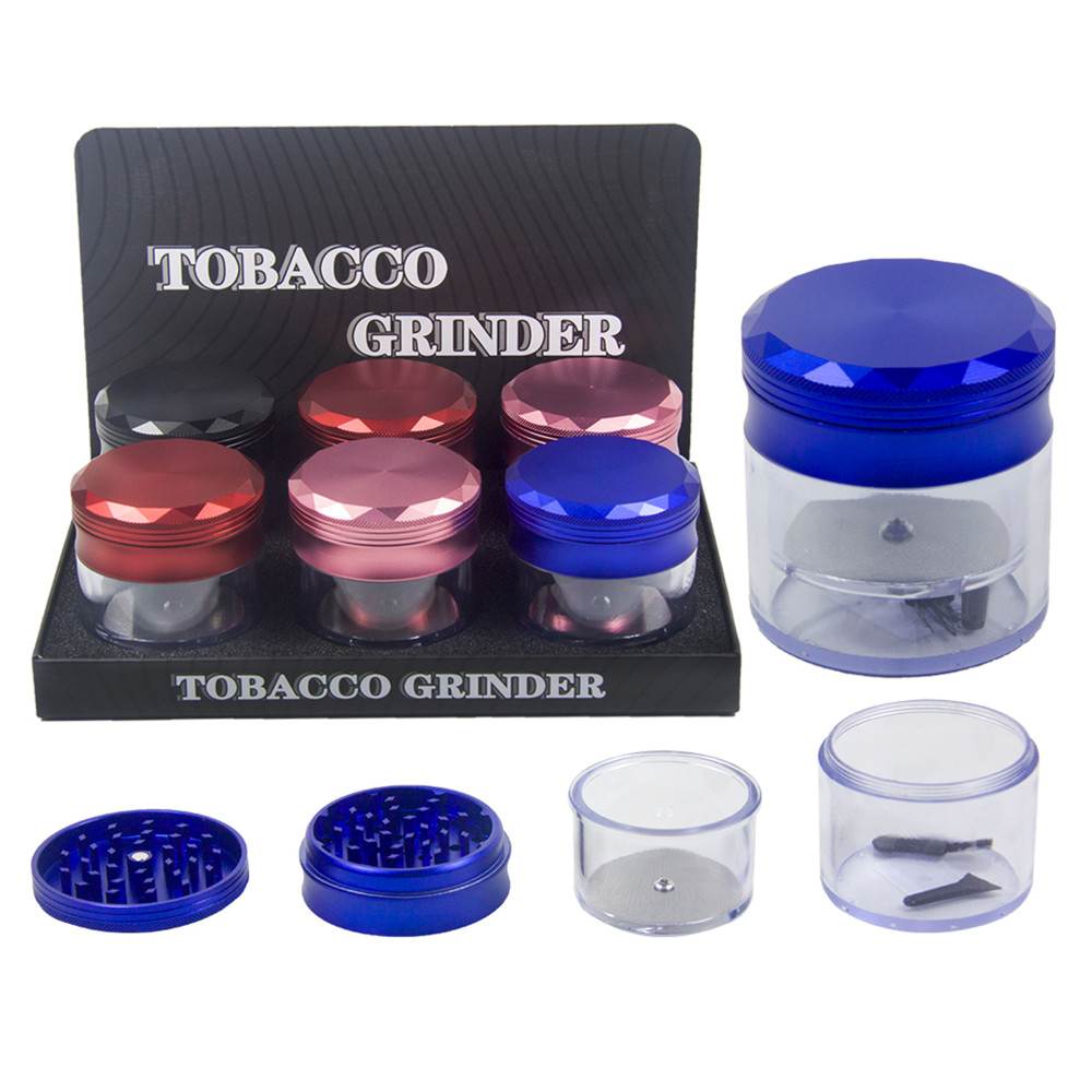 4 PART ALUMINUM GRINDER WITH CLEAR PLASTIC BODIES - ASSORTED COLOR - 6CT