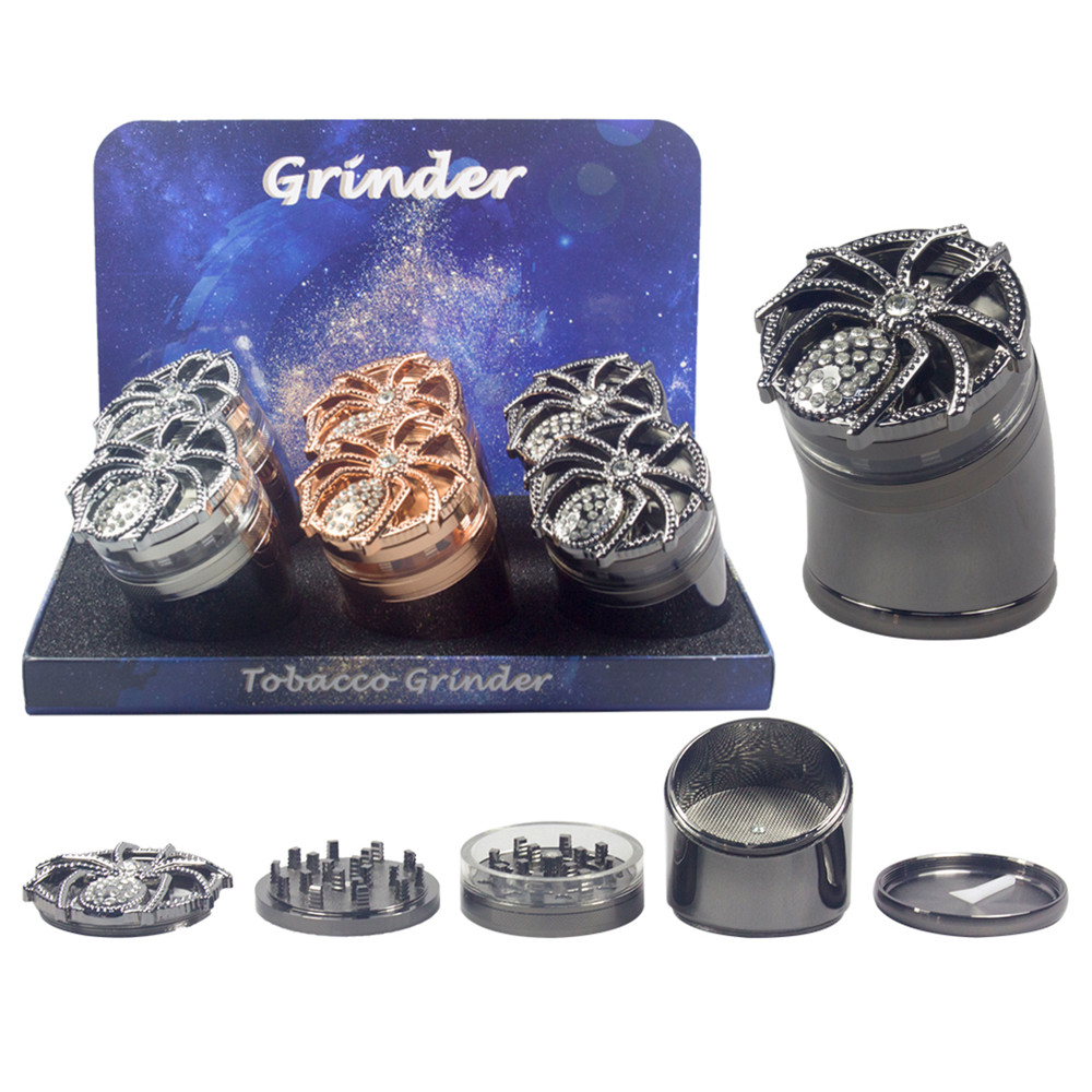 4 PART ZINC ALLOY TOBACCO GRINDER SPIDER DESIGN WITH DIAMOND - 6CT