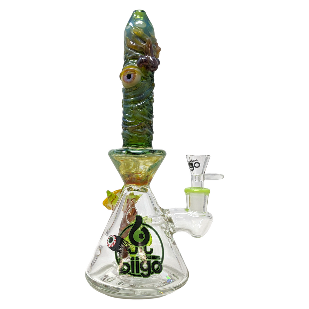 BIIGO BY LOOKAH - GREEN MULTI DEVIL EYE MATRIX PERC BEAKER WATERPIPE 11"