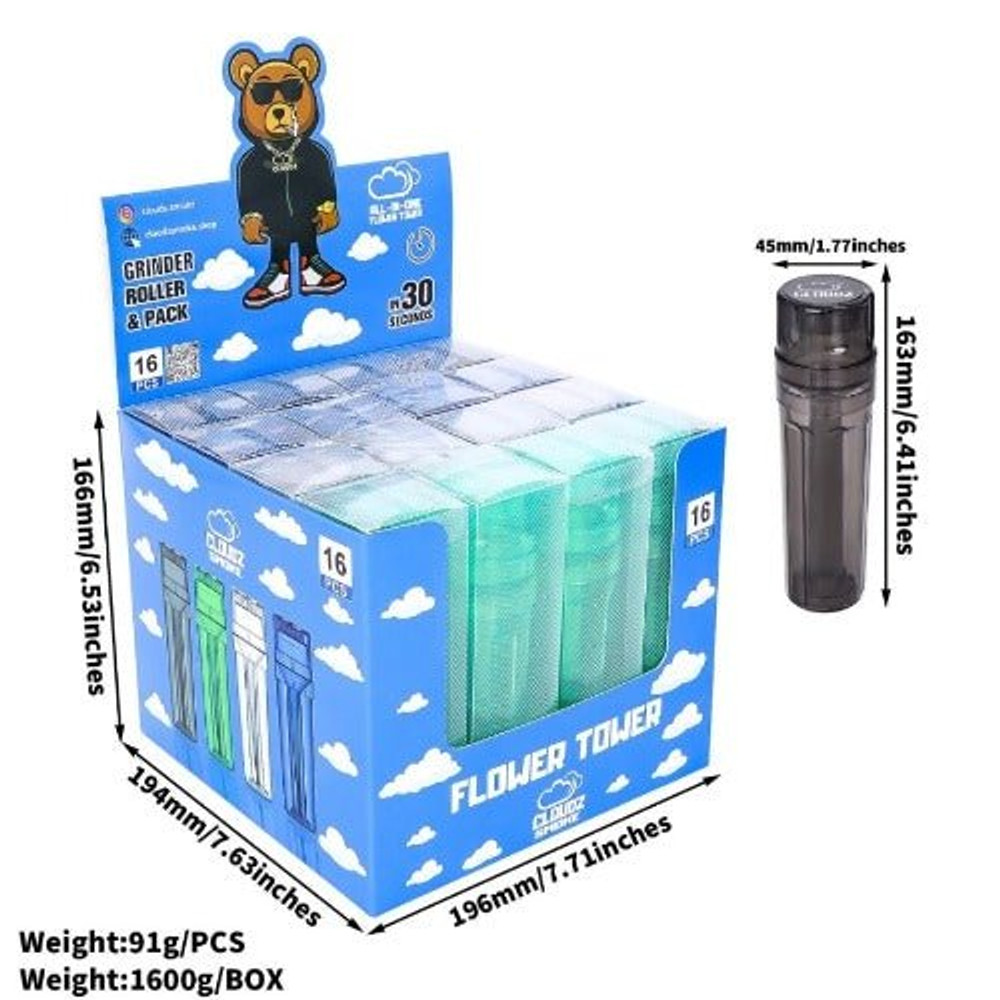 CLOUDZ SMOKE FLOWER TOWER GRINDER ROLLER & PACK - DISPLAY OF 16