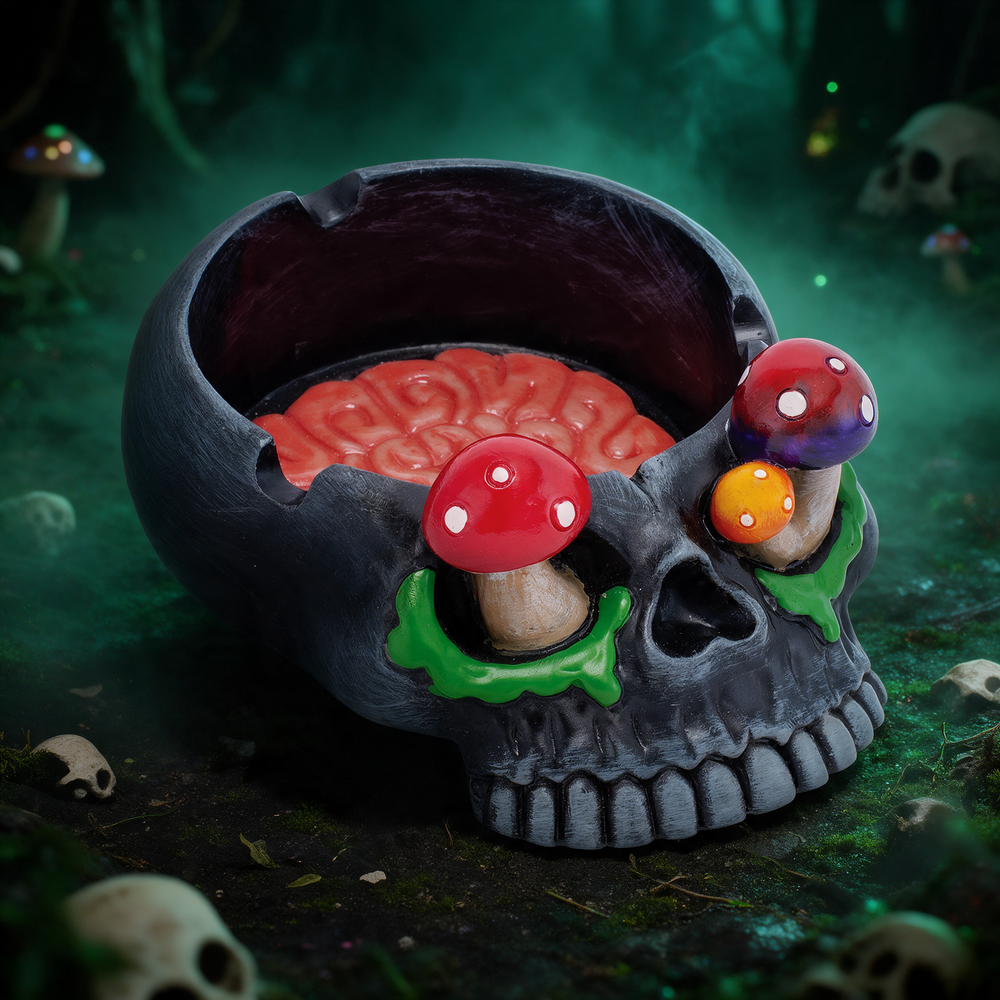 WHITE SKULL PINK BRAIN & MUSHROOM EYES ASHTRAY