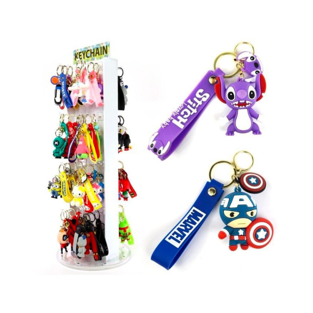 CARTOON CHARACHTERS RUBBER KEYCHAINS - DISPLAY OF 64