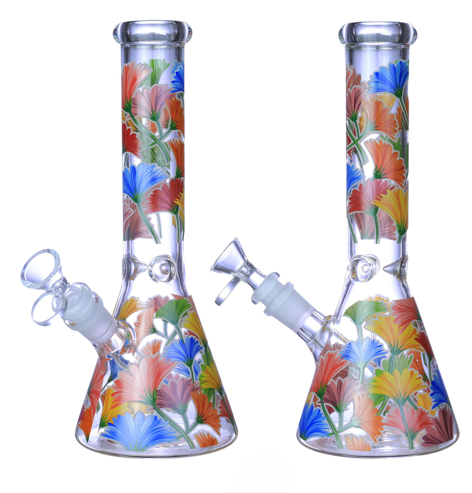 LIGHT IN THE DARK COLORED FLOWERS BEAKER WATERPIPE 10"