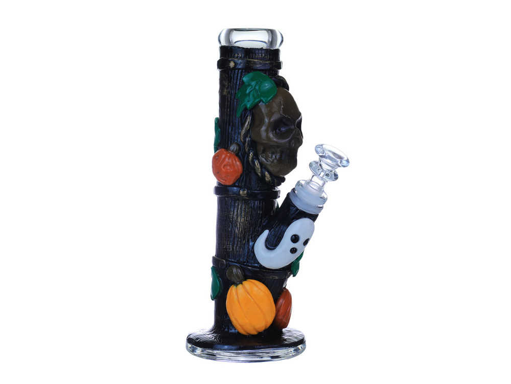 SKULL WITH GHOST AND PUMPKINS HEAVY STRAIGHT WATERPIPE 9"