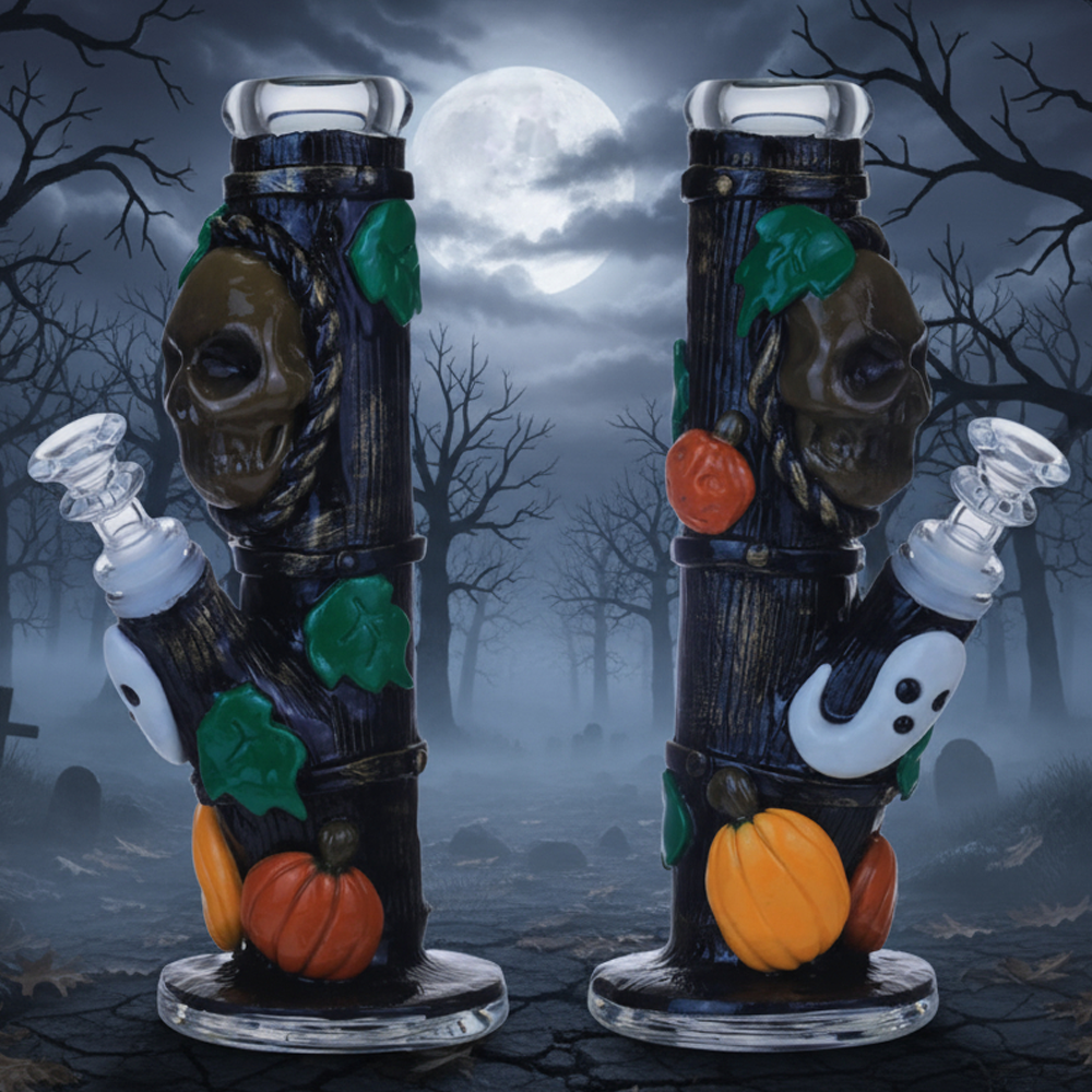 SKULL WITH GHOST AND PUMPKINS HEAVY STRAIGHT WATERPIPE 9"