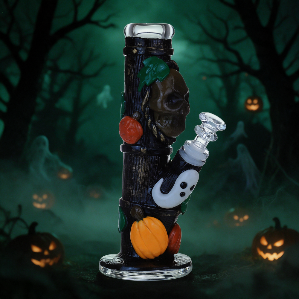 SKULL WITH GHOST AND PUMPKINS HEAVY STRAIGHT WATERPIPE 9"