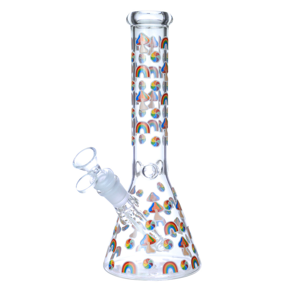 MUSHROOMS PREMIUM LIGHT IN THE DARK BEAKER GLASS WATERPIPE 10"