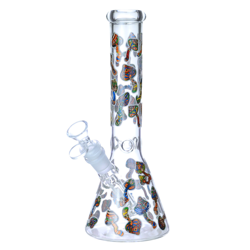 MUSHROOMS PREMIUM LIGHT IN THE DARK BEAKER GLASS WATERPIPE 10"