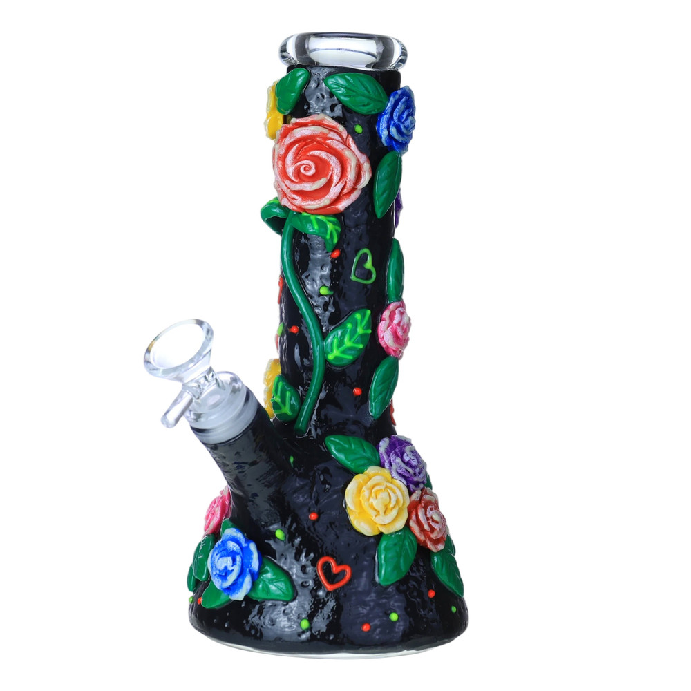 ROSE FLOWER LIGHT IN THE DARK BEAKER GLASS WATERPIPE 10"