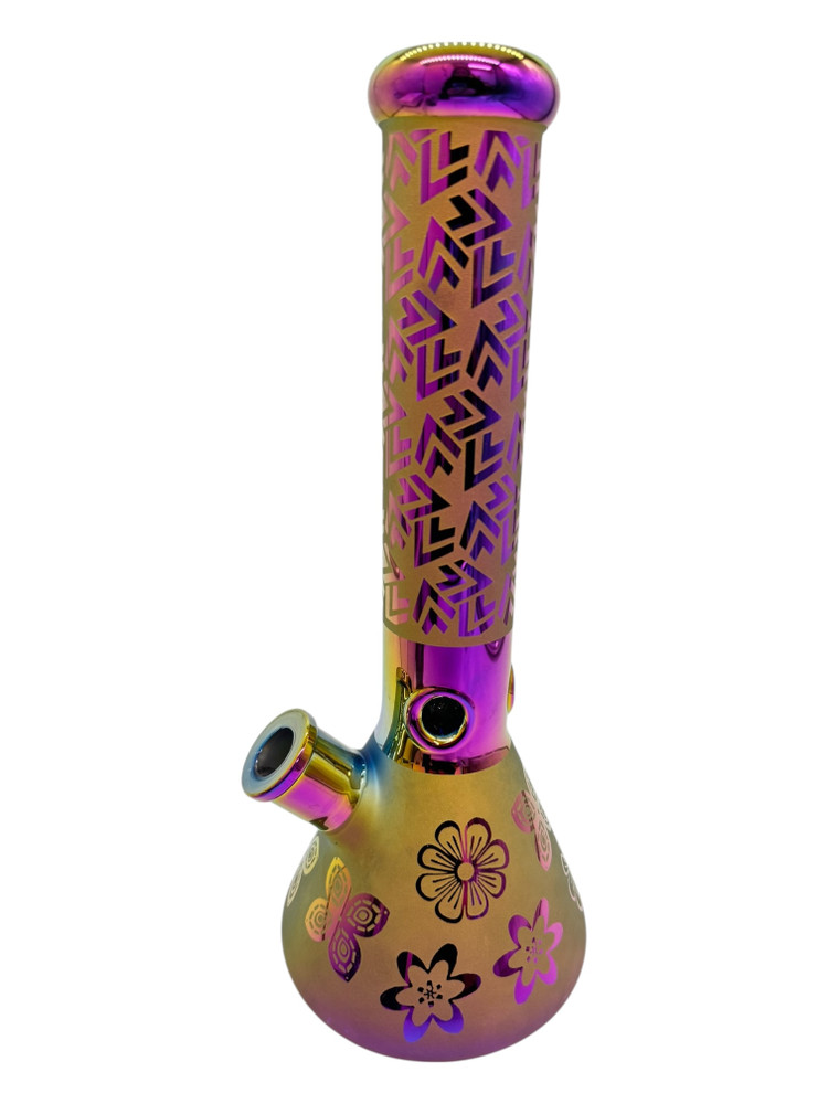 AURORA FLORAL SANDED ASSORTED COLOR GLASS BEAKER WATERPIPE 14"