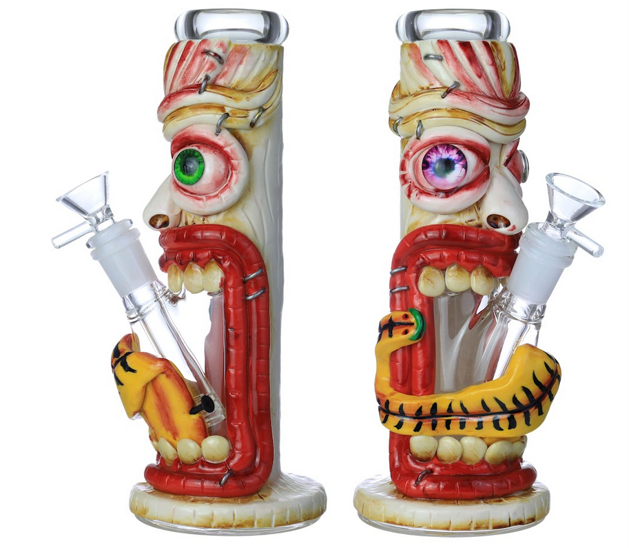 HEAVY GLOW IN THE DARK MONSTER ART GLASS WATERPIPE 9"