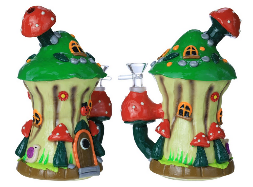 HEAVY MUSHROOM TREE LAND HOUSE GLOW IN THE DARK GLASS WATERPIPE 7.5"