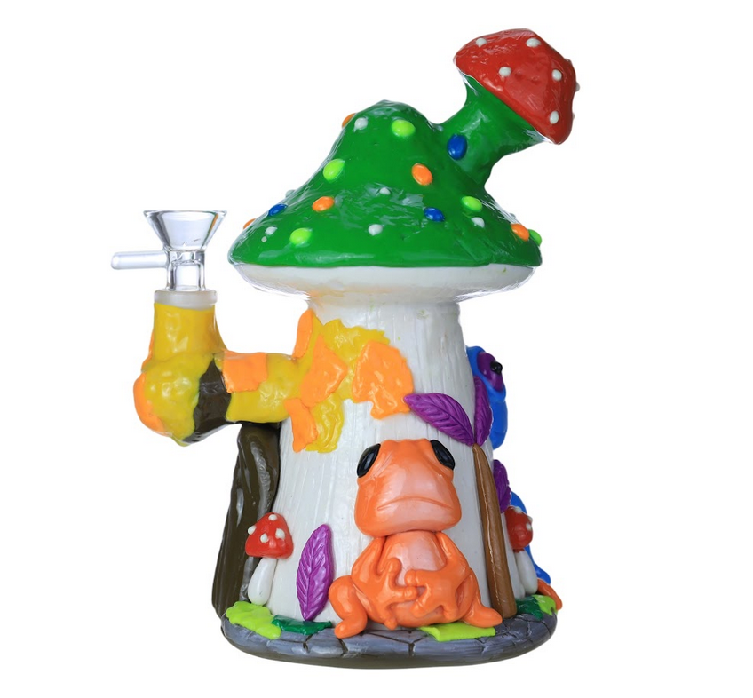 HEAVY MUSHROOM HOUSEWITH FROGS GLOW IN THE DARK GLASS WATERPIPE 7.5"