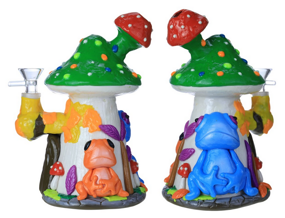 HEAVY MUSHROOM HOUSEWITH FROGS GLOW IN THE DARK GLASS WATERPIPE 7.5"