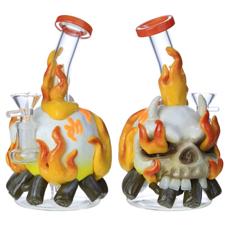 HEAVY GLOW IN THE DARK ON FIRE SKULL GLASS WATERPIPE 7"