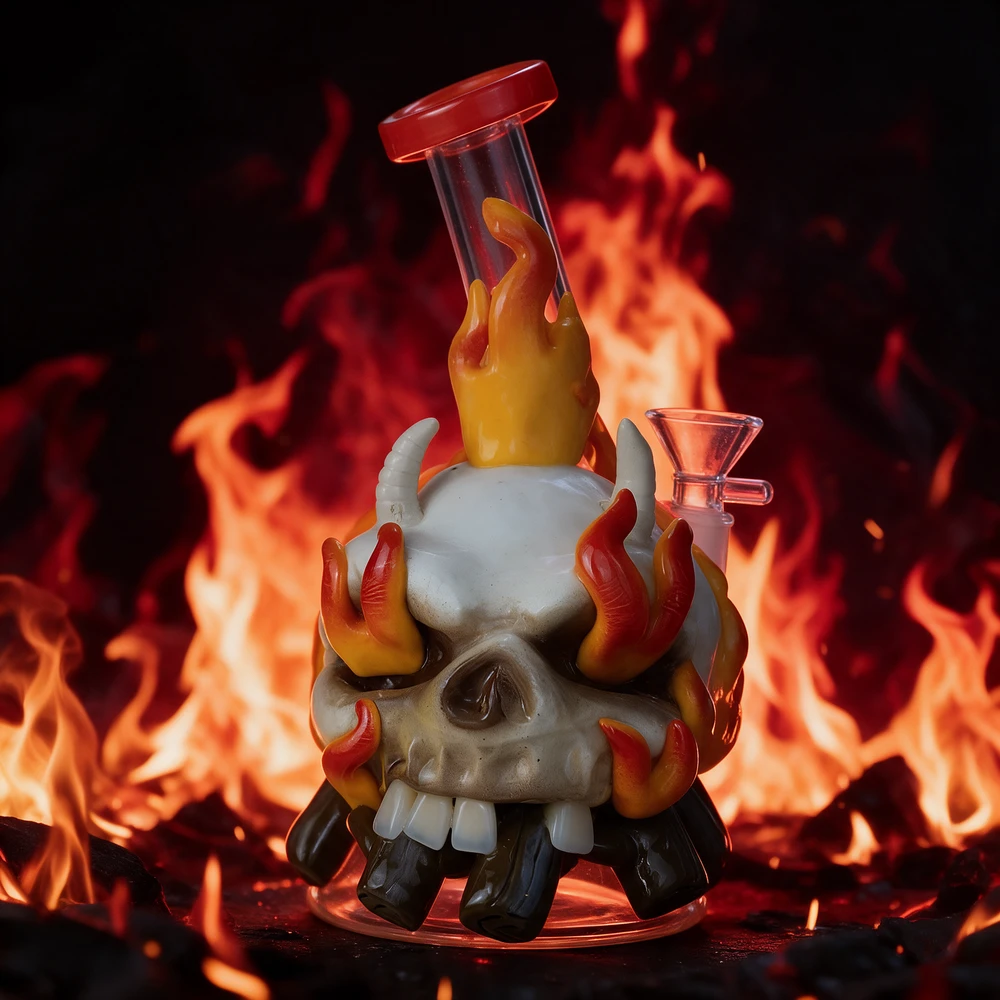 HEAVY GLOW IN THE DARK ON FIRE SKULL GLASS WATERPIPE 7"