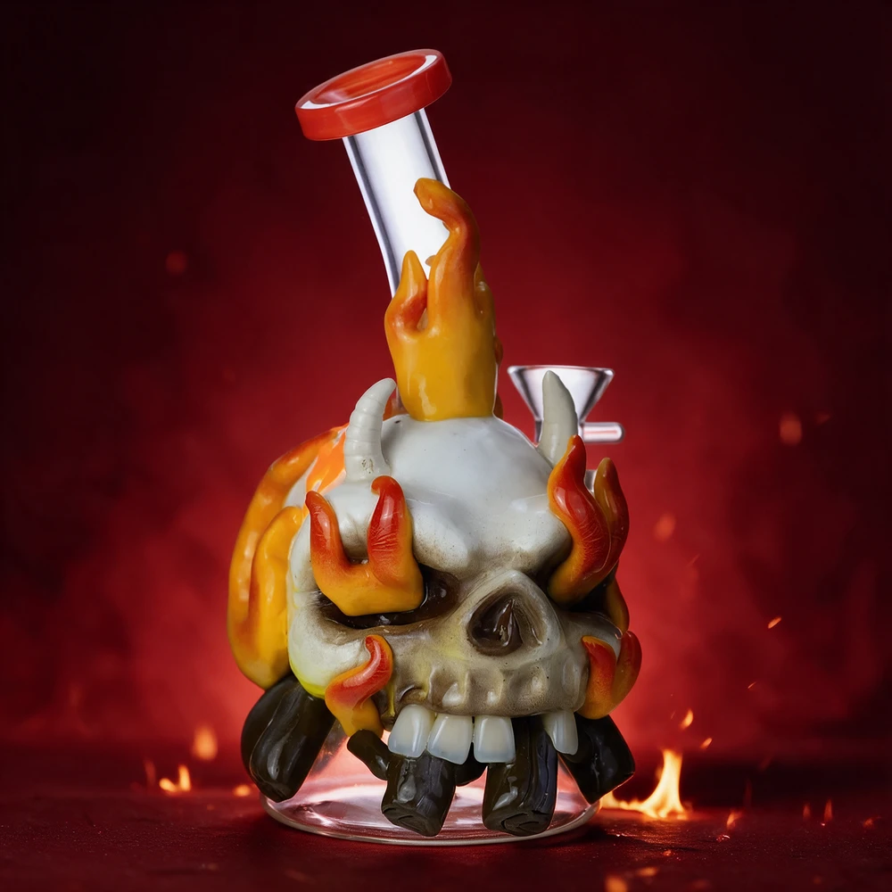 HEAVY GLOW IN THE DARK ON FIRE SKULL GLASS WATERPIPE 7"