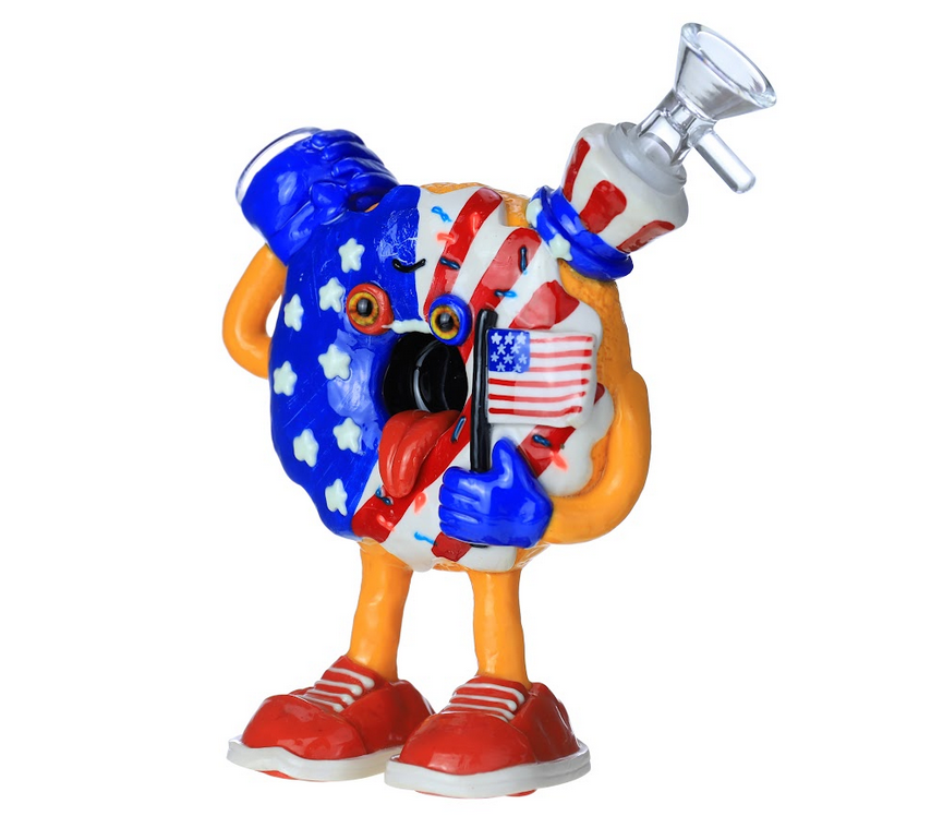 HEAVY GLOW IN THE DARK AMERICAN FLAG DONUT GLASS WATERPIPE 7.5"
