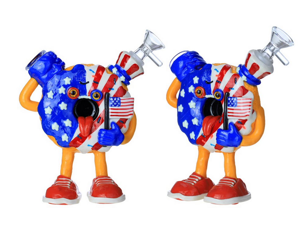 HEAVY GLOW IN THE DARK AMERICAN FLAG DONUT GLASS WATERPIPE 7.5"