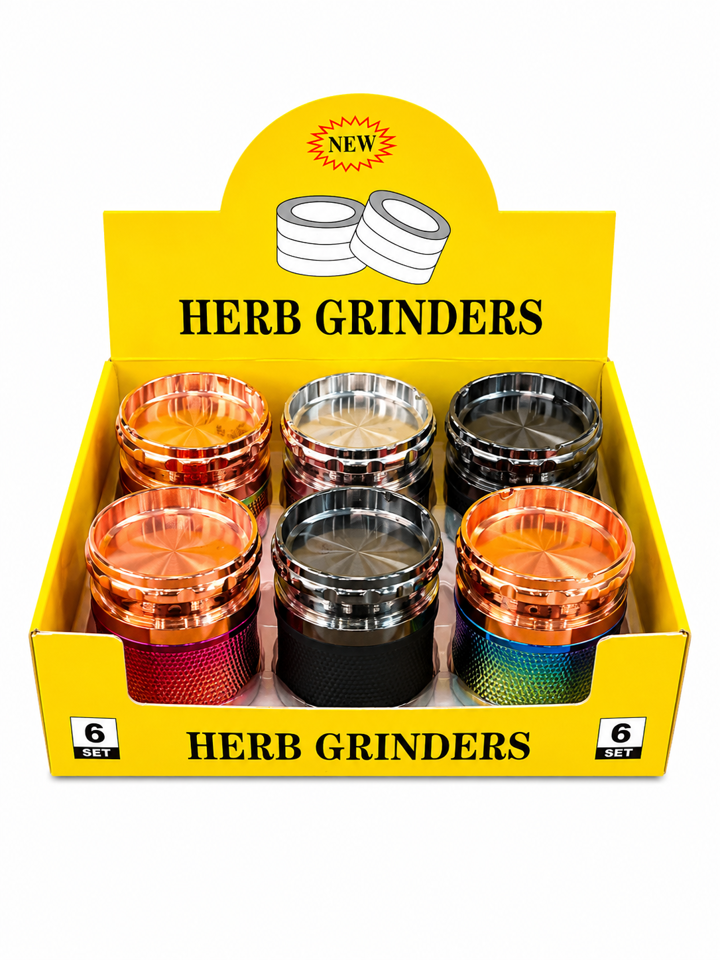 RAINBOW METAL WITH ASHTRAY TOP 63MM 4-PARTS GRINDER (OVC042) - DISPLAY OF 6