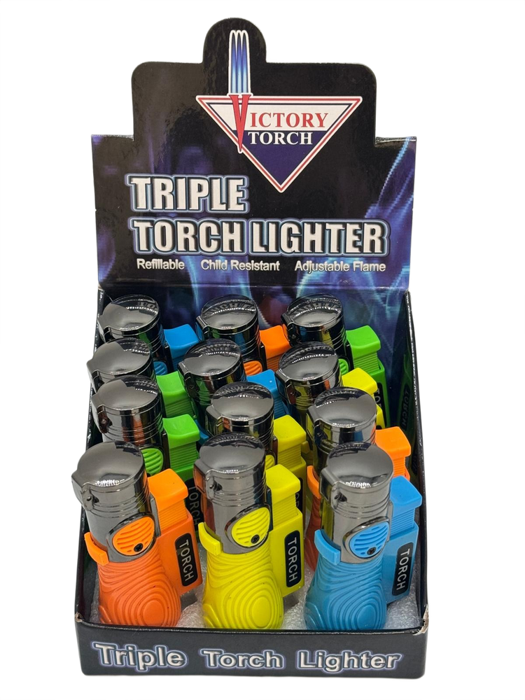 VICTORY TRIPLE FLAME NEON COLORS TORCH - DISPLAY OF 12 (J9486)