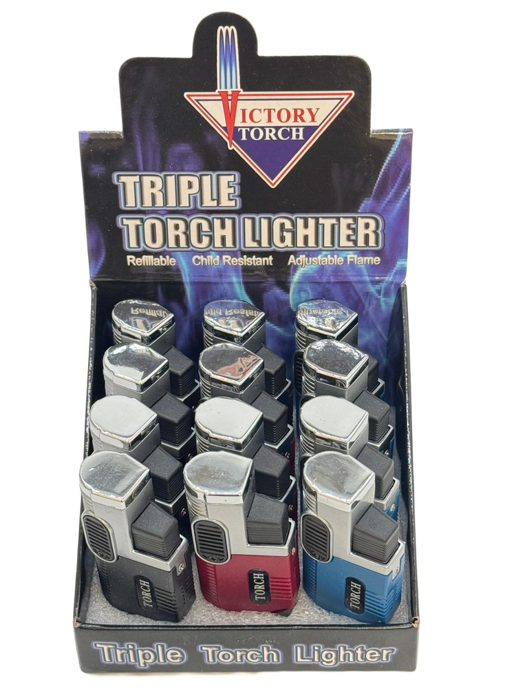 VICTORY TRIPLE FLAME SOLID COLORS TORCH - DISPLAY OF 12 (J9490-T)