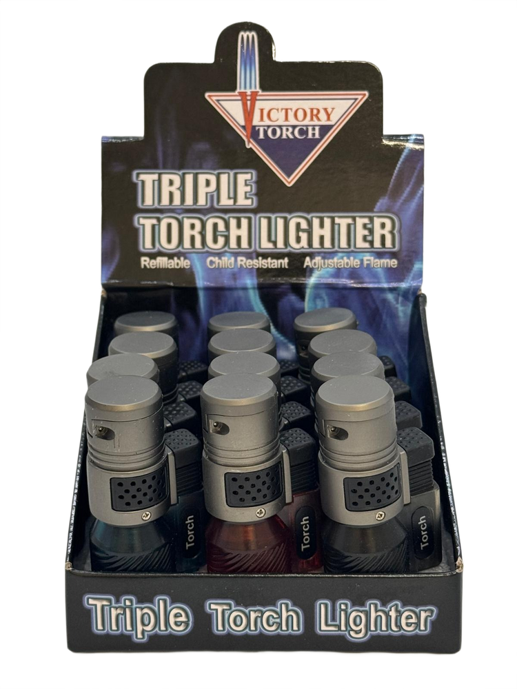 VICTORY TRIPLE FLAME MINI BOMB SHAPED TORCH - DISPLAY OF 12 (J7189-T2)